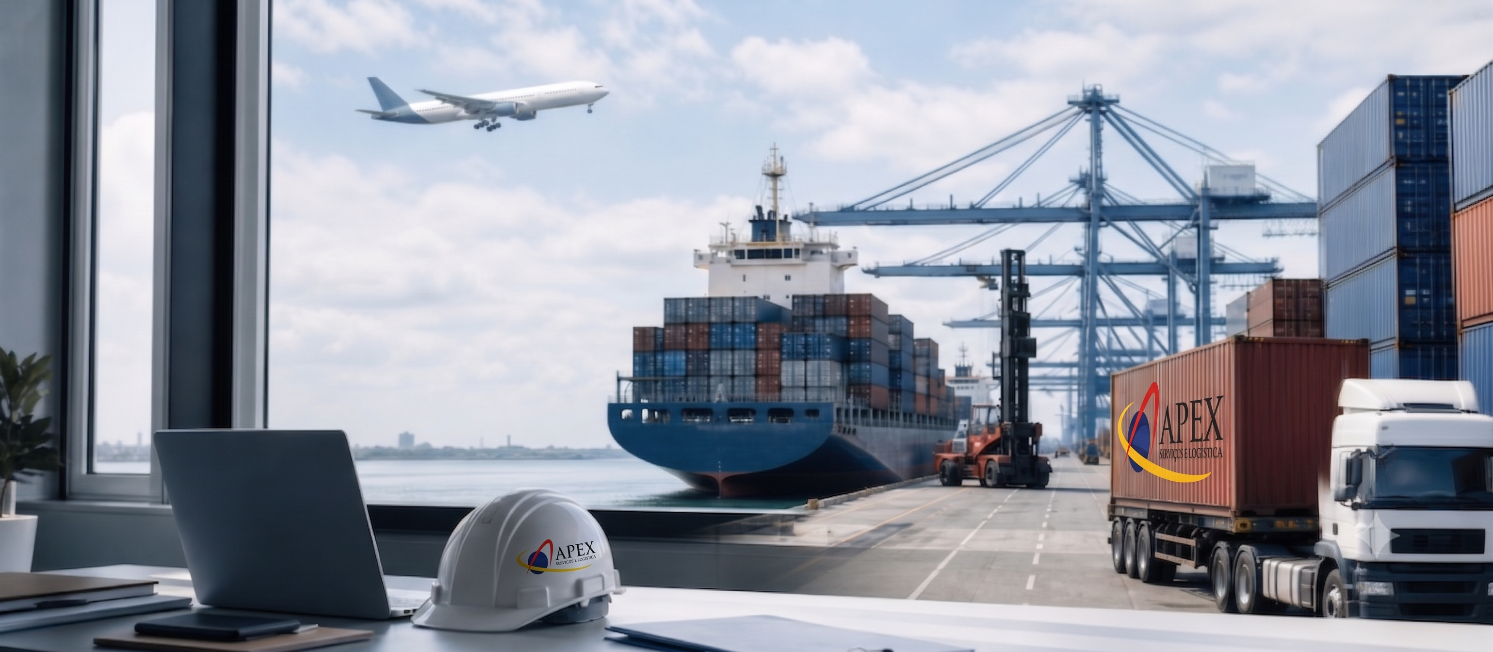 Operação de logística internacional com navio, contêineres e transporte coordenado